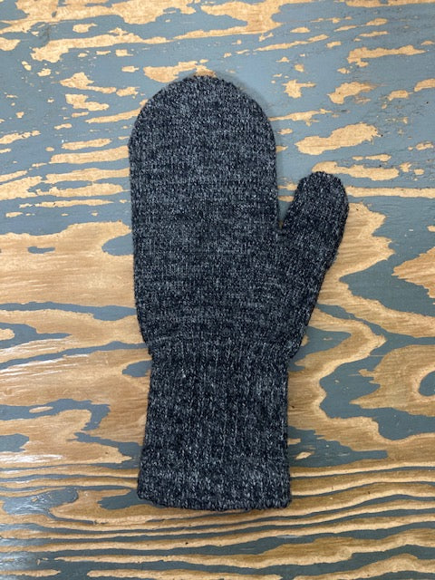 Dark gray wool mittens - knit in the USA laying against a wooden backdrop